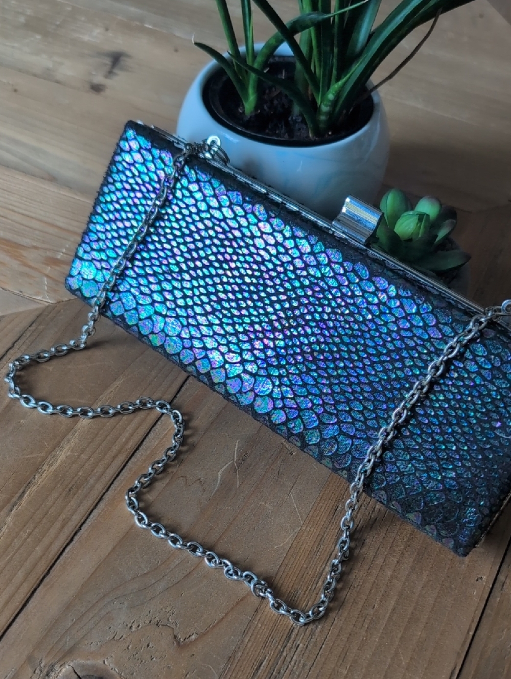 Icing Iridescent Blue-Purple Holographic Clutch with Chain